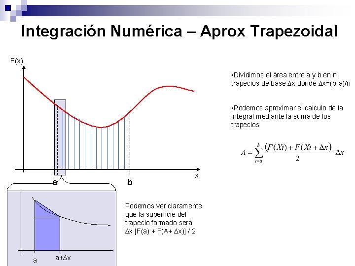 Integración Numérica – Aprox Trapezoidal F(x) • Dividimos el área entre a y b
