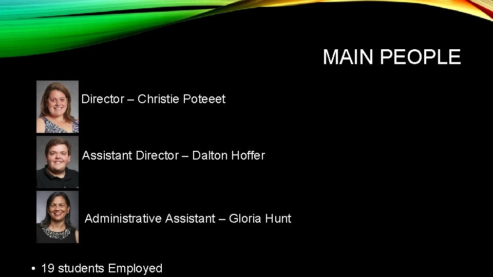 MAIN PEOPLE • Director – Christie Poteeet • Assistant Director – Dalton Hoffer •