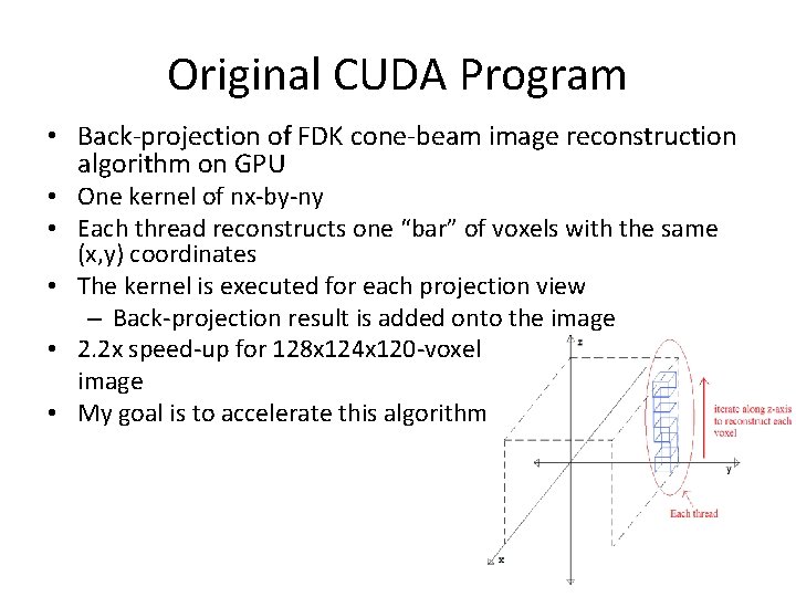 Original CUDA Program • Back-projection of FDK cone-beam image reconstruction algorithm on GPU •