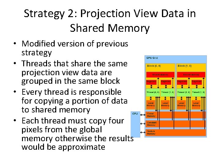 Strategy 2: Projection View Data in Shared Memory • Modified version of previous strategy