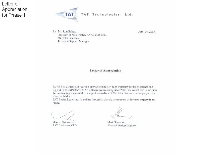 Letter of Appreciation for Phase 1 