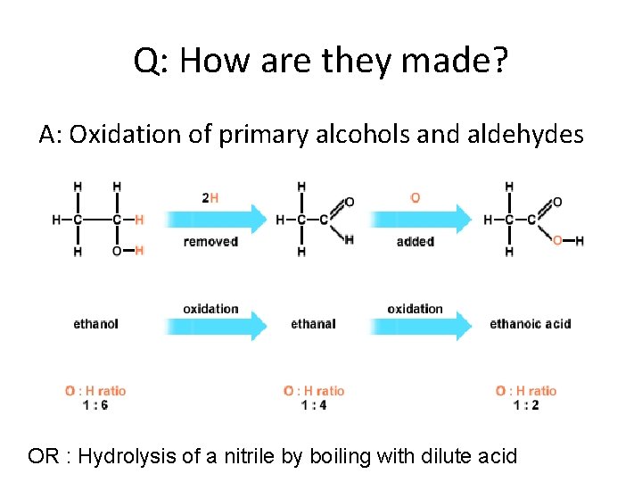 Q: How are they made? A: Oxidation of primary alcohols and aldehydes OR :