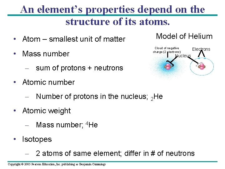 An element’s properties depend on the structure of its atoms. • Atom – smallest