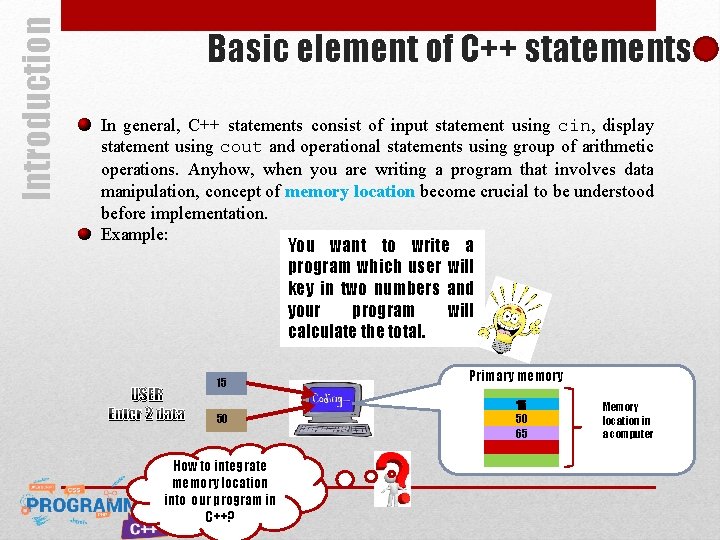 Introduction Basic element of C++ statements In general, C++ statements consist of input statement Introduction Basic element of C++ statements In general, C++ statements consist of input statement