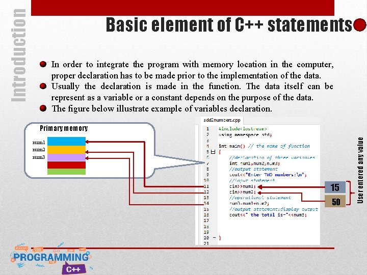 Introduction Basic element of C++ statements In order to integrate the program with memory Introduction Basic element of C++ statements In order to integrate the program with memory