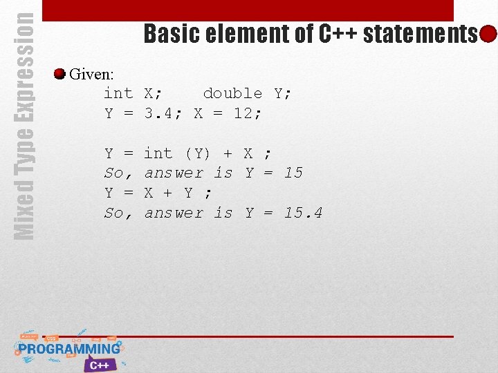 Mixed Type Expression Basic element of C++ statements Given: int X; double Y; Y Mixed Type Expression Basic element of C++ statements Given: int X; double Y; Y