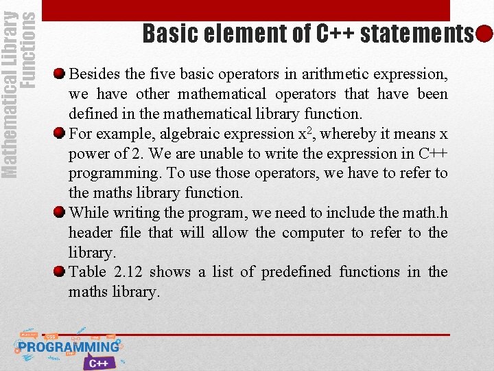 Mathematical Library Functions Basic element of C++ statements Besides the five basic operators in Mathematical Library Functions Basic element of C++ statements Besides the five basic operators in