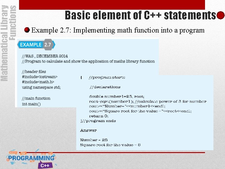 Mathematical Library Functions Basic element of C++ statements Example 2. 7: Implementing math function Mathematical Library Functions Basic element of C++ statements Example 2. 7: Implementing math function