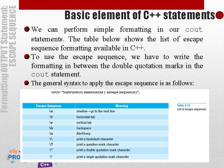 Formatting OUTPUT Statement: ESCAPE SEQUENCE Basic element of C++ statements We can perform simple Formatting OUTPUT Statement: ESCAPE SEQUENCE Basic element of C++ statements We can perform simple