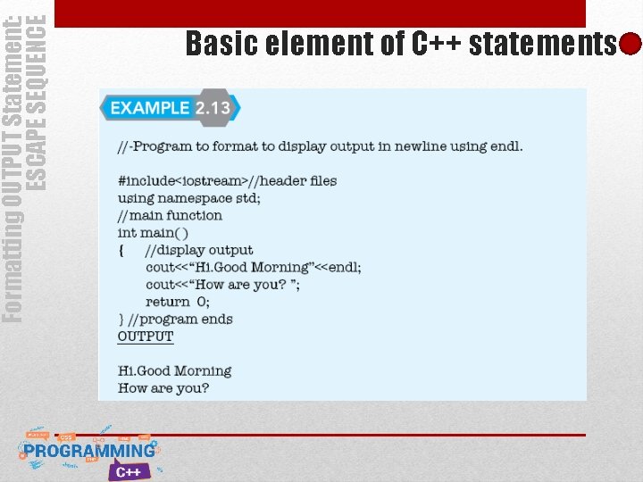 Formatting OUTPUT Statement: ESCAPE SEQUENCE Basic element of C++ statements Formatting OUTPUT Statement: ESCAPE SEQUENCE Basic element of C++ statements