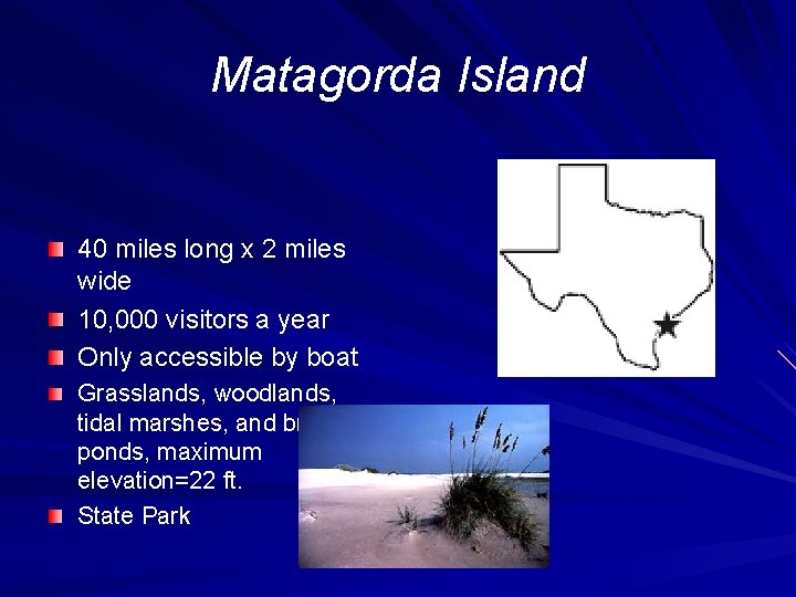 Matagorda Island 40 miles long x 2 miles wide 10, 000 visitors a year