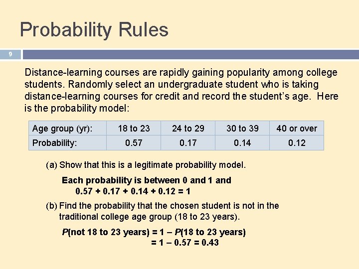 Probability Rules 9 Distance-learning courses are rapidly gaining popularity among college students. Randomly select