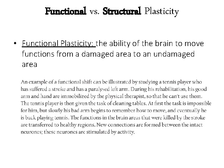 Functional vs. Structural Plasticity • Functional Plasticity: the ability of the brain to move
