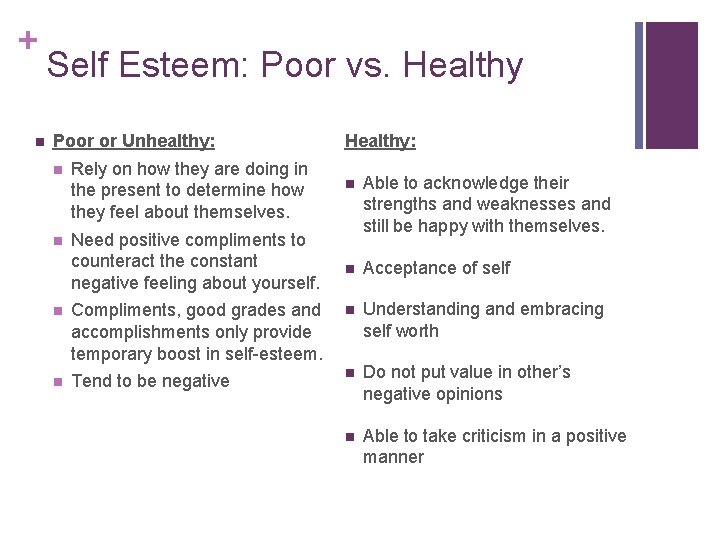 + n Self Esteem: Poor vs. Healthy Poor or Unhealthy: n Rely on how