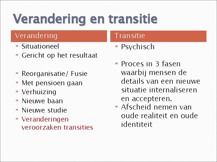 Verandering en transitie Verandering Situationeel Gericht op het resultaat Transitie Reorganisatie/ Fusie Met pensioen