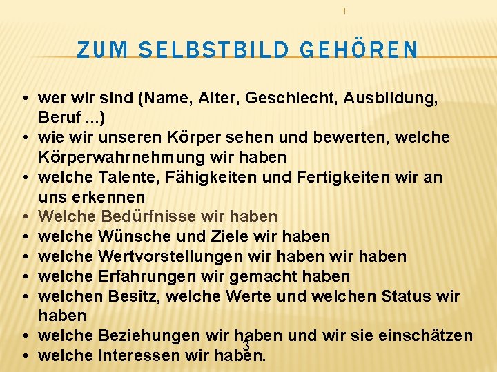 1 ZUM SELBSTBILD GEHÖREN • wer wir sind (Name, Alter, Geschlecht, Ausbildung, Beruf. .