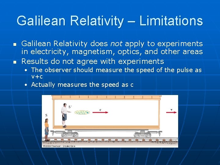 Galilean Relativity – Limitations n n Galilean Relativity does not apply to experiments in