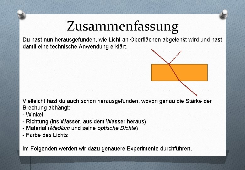 Zusammenfassung Du hast nun herausgefunden, wie Licht an Oberflächen abgelenkt wird und hast damit