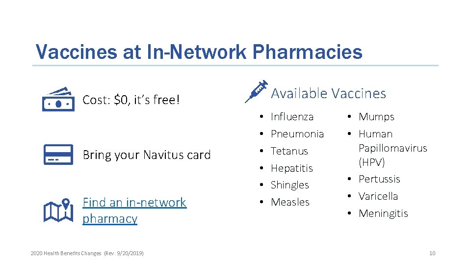 Vaccines at In-Network Pharmacies Available Vaccines Cost: $0, it’s free! Bring your Navitus card