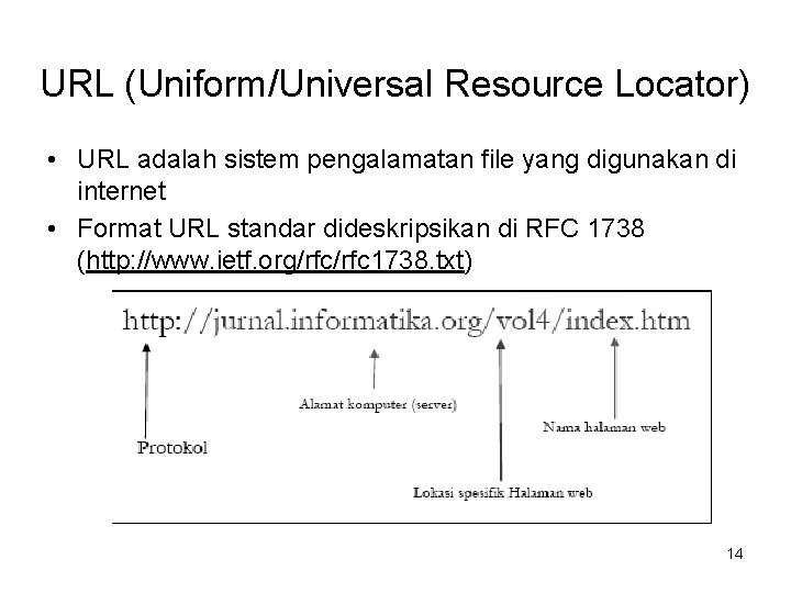 URL (Uniform/Universal Resource Locator) • URL adalah sistem pengalamatan file yang digunakan di internet