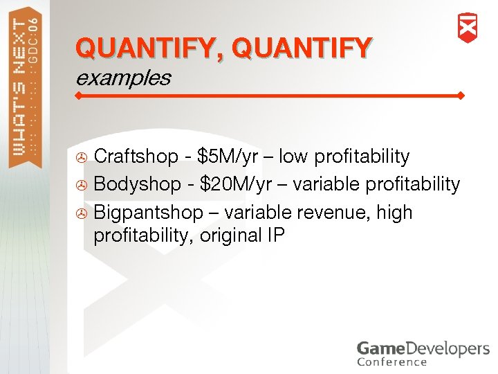 QUANTIFY, QUANTIFY examples Craftshop - $5 M/yr – low profitability > Bodyshop - $20