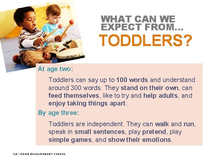 WHAT CAN WE EXPECT FROM… TODDLERS? At age two: Toddlers can say up to
