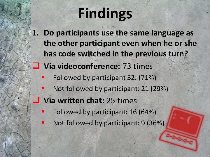 Findings 1. Do participants use the same language as the other participant even when Findings 1. Do participants use the same language as the other participant even when