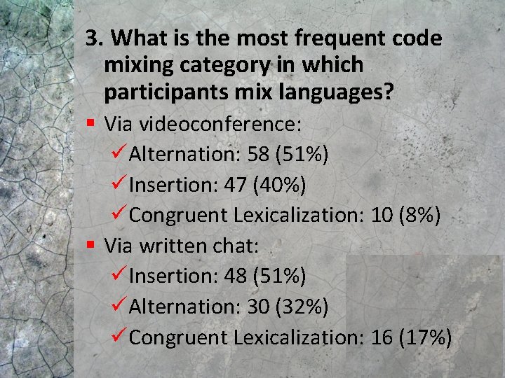 3. What is the most frequent code mixing category in which participants mix languages? 3. What is the most frequent code mixing category in which participants mix languages?