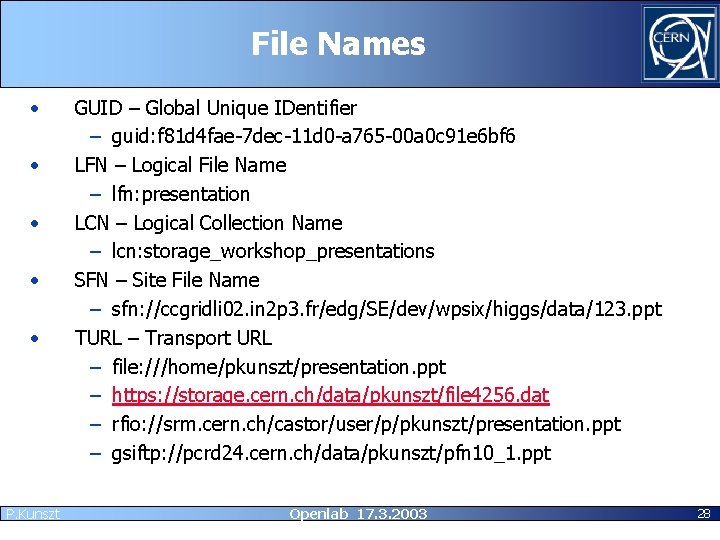File Names • • • P. Kunszt GUID – Global Unique IDentifier – guid: