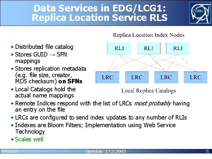 Data Services in EDG/LCG 1: Replica Location Service RLS • Distributed file catalog •