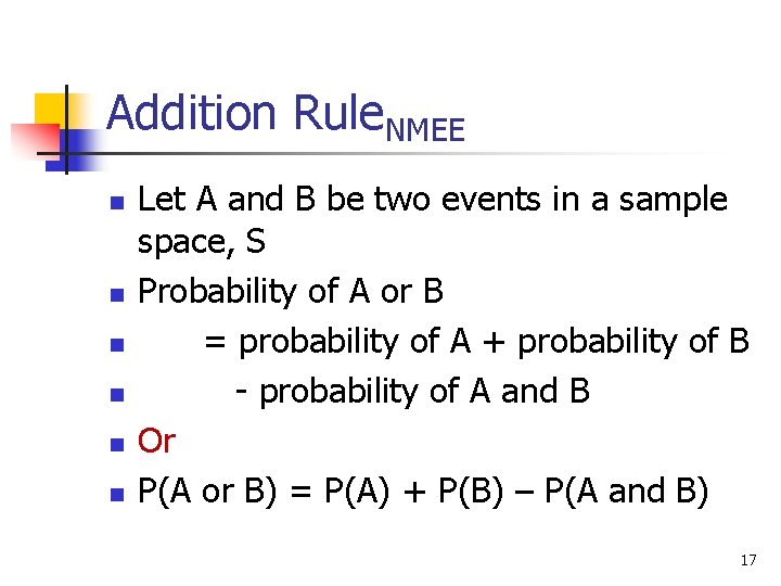 Addition Rule. NMEE n n n Let A and B be two events in Addition Rule. NMEE n n n Let A and B be two events in