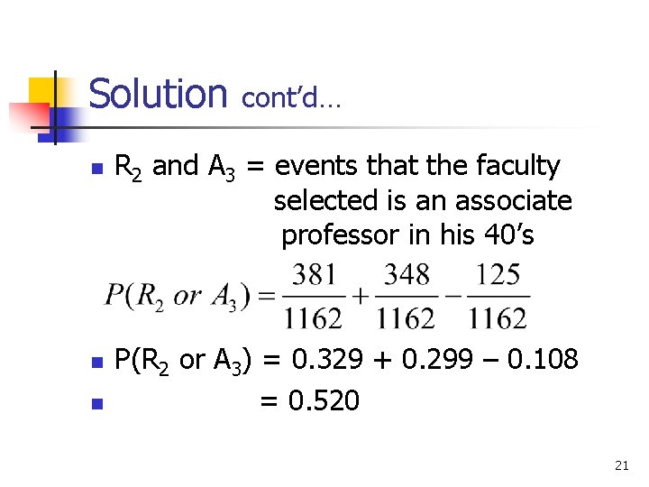 Solution n cont’d… R 2 and A 3 = events that the faculty selected Solution n cont’d… R 2 and A 3 = events that the faculty selected
