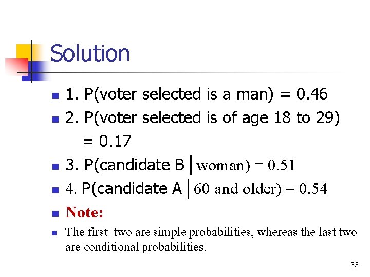 Solution n n n 1. P(voter selected is a man) = 0. 46 2. Solution n n n 1. P(voter selected is a man) = 0. 46 2.
