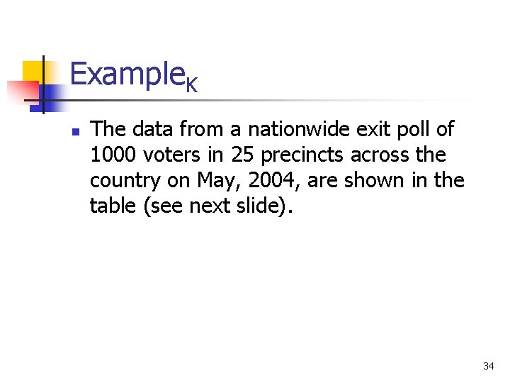 Example. K n The data from a nationwide exit poll of 1000 voters in Example. K n The data from a nationwide exit poll of 1000 voters in