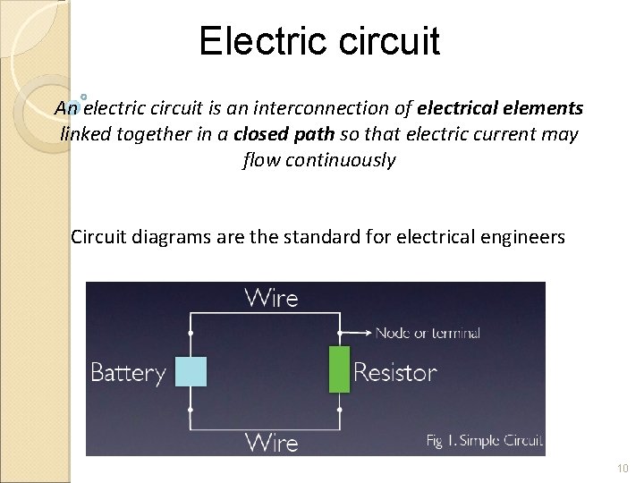 Electric circuit An electric circuit is an interconnection of electrical elements linked together in