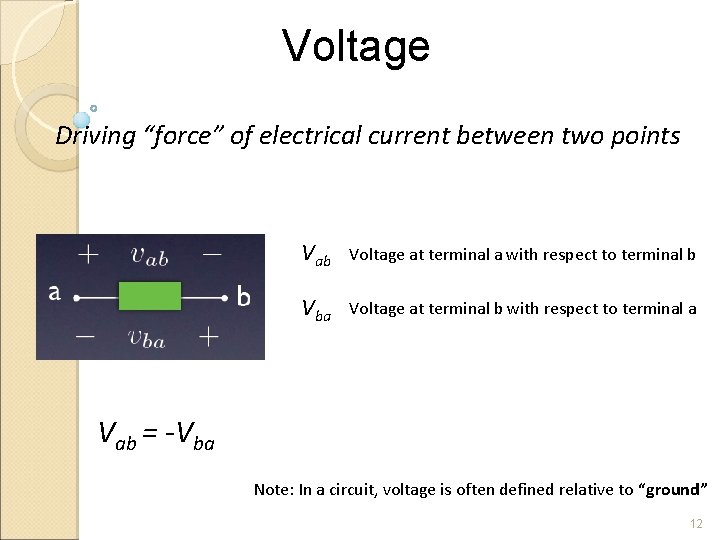 Voltage Driving “force” of electrical current between two points Vab Voltage at terminal a