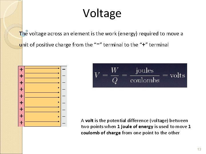 Voltage The voltage across an element is the work (energy) required to move a