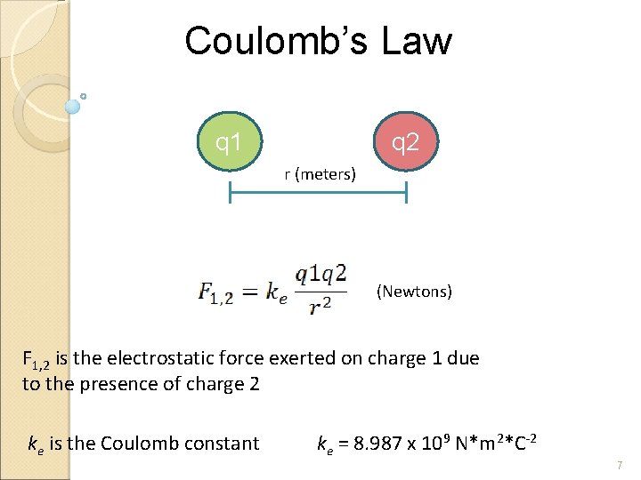Coulomb’s Law q 1 q 2 r (meters) (Newtons) F 1, 2 is the