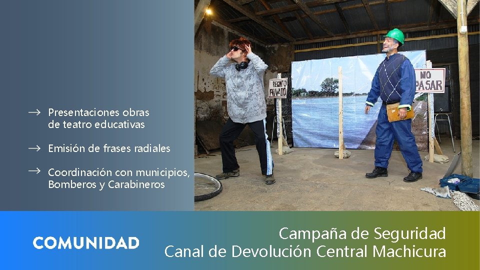 Presentaciones obras de teatro educativas Emisión de frases radiales Coordinación con municipios, Bomberos y