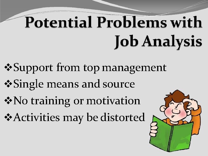  Support from top management Single means and source No training or motivation Activities