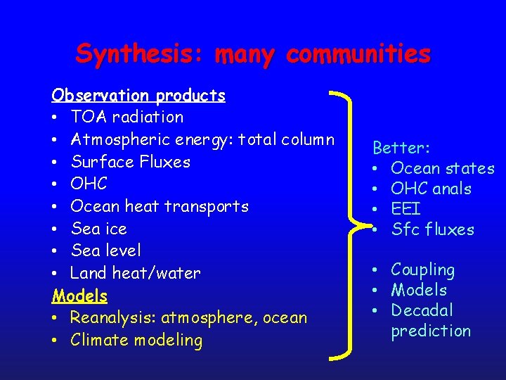 Synthesis: many communities Observation products • TOA radiation • Atmospheric energy: total column •