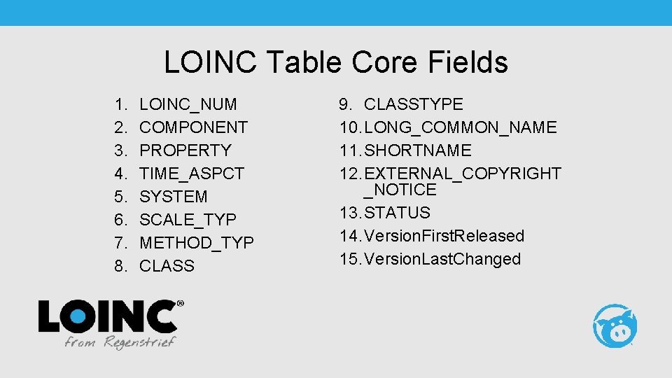 LOINC Table Core Fields 1. 2. 3. 4. 5. 6. 7. 8. LOINC_NUM COMPONENT