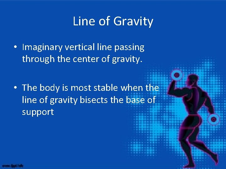 Line of Gravity • Imaginary vertical line passing through the center of gravity. •