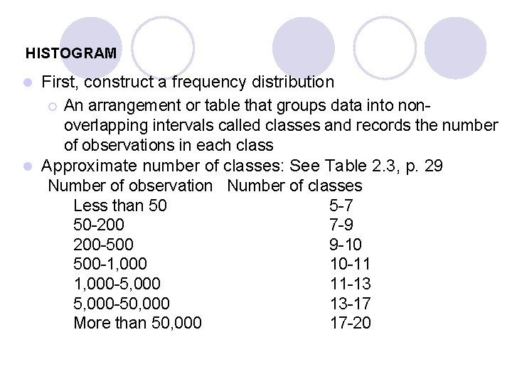 HISTOGRAM First, construct a frequency distribution ¡ An arrangement or table that groups data