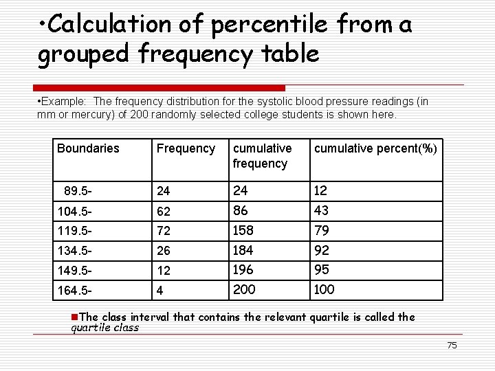  • Calculation of percentile from a grouped frequency table • Example: The frequency