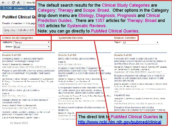 The default search results for the Clinical Study Categories are Category: Therapy and Scope: