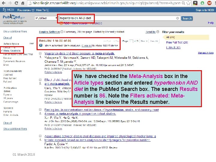 We have checked the Meta-Analysis box in the Article types section and entered hypertension