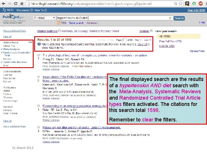 The final displayed search are the results of a hypertension AND diet search with