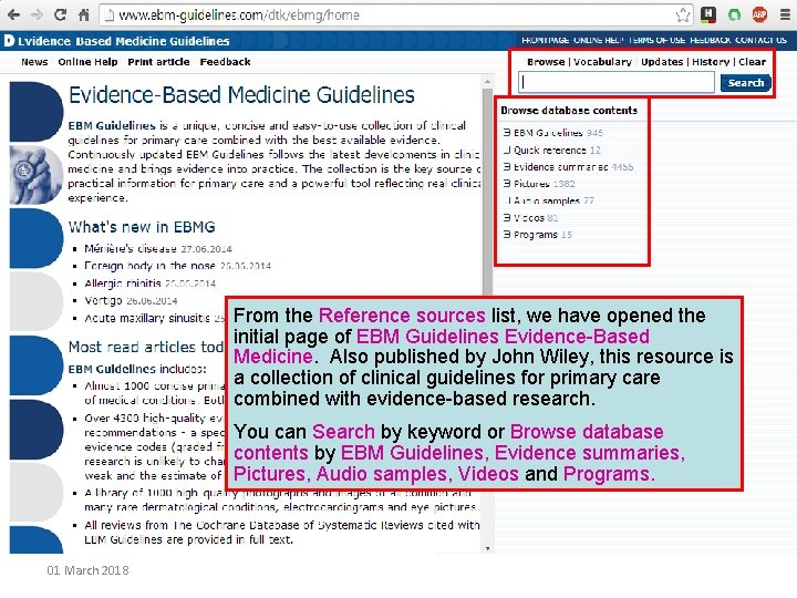 From the Reference sources list, we have opened the initial page of EBM Guidelines