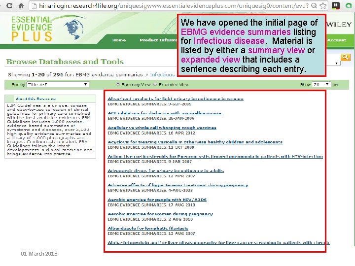 We have opened the initial page of EBMG evidence summaries listing for Infectious disease.